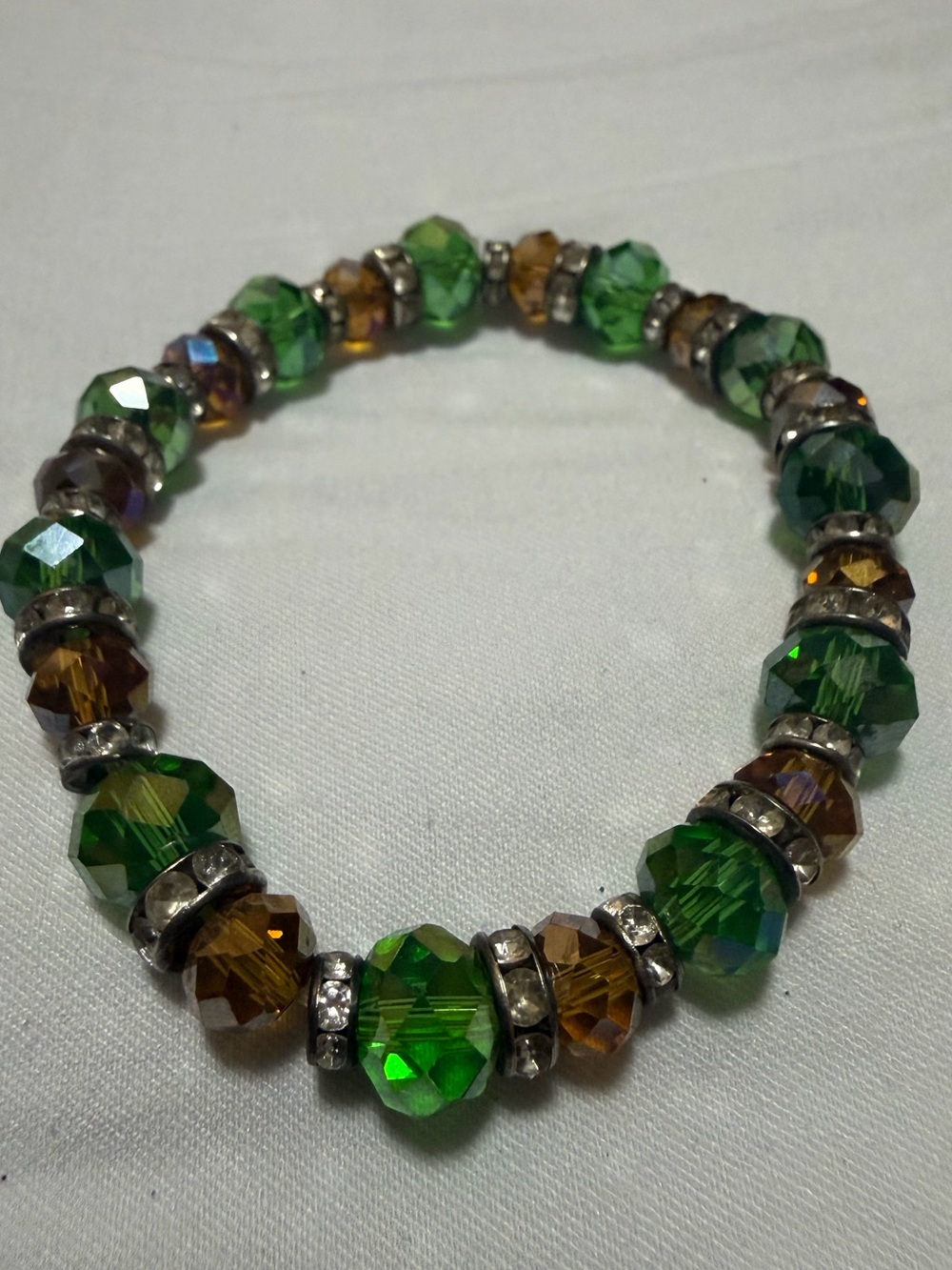 Faceted Green & Amber Crystal Stretch Bracelet with Rhinestone Spacers